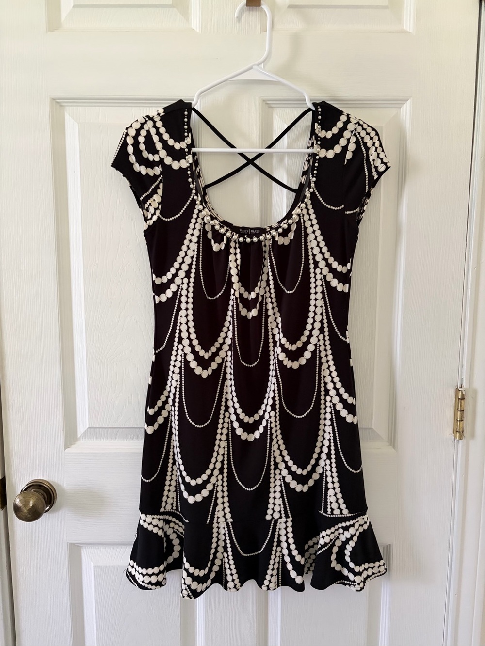 White House Black Market Black & White Beaded-Print Scoop Neck Dress